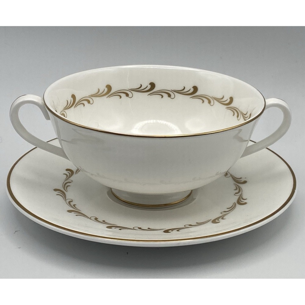 Royal Doulton Rondo Cream Soup Bowl (s) w/ saucer White Gold Vintage Cottagecore - Picture 1 of 4